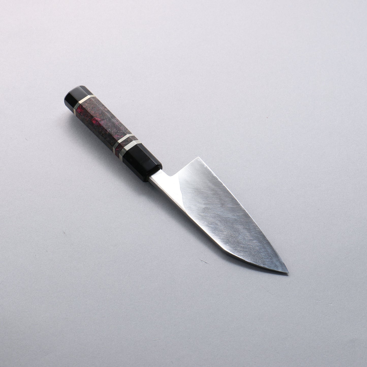 西田大祐 青ニ鋼 ダマスカス 出刃包丁 150mm スタビライズ瘤 シルバーリング 水牛角口輪とエンドキャップ付き柄 - 清助刃物