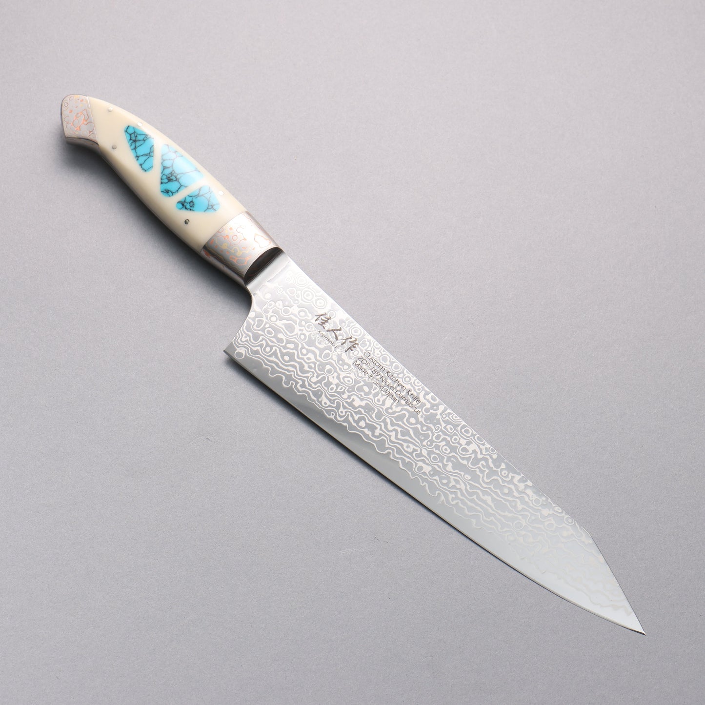 佳人 ZDP189 ダマスカス 磨き仕上げ 切付牛刀包丁 210mm コーリアン ターコイズインレイ柄 - 清助刃物
