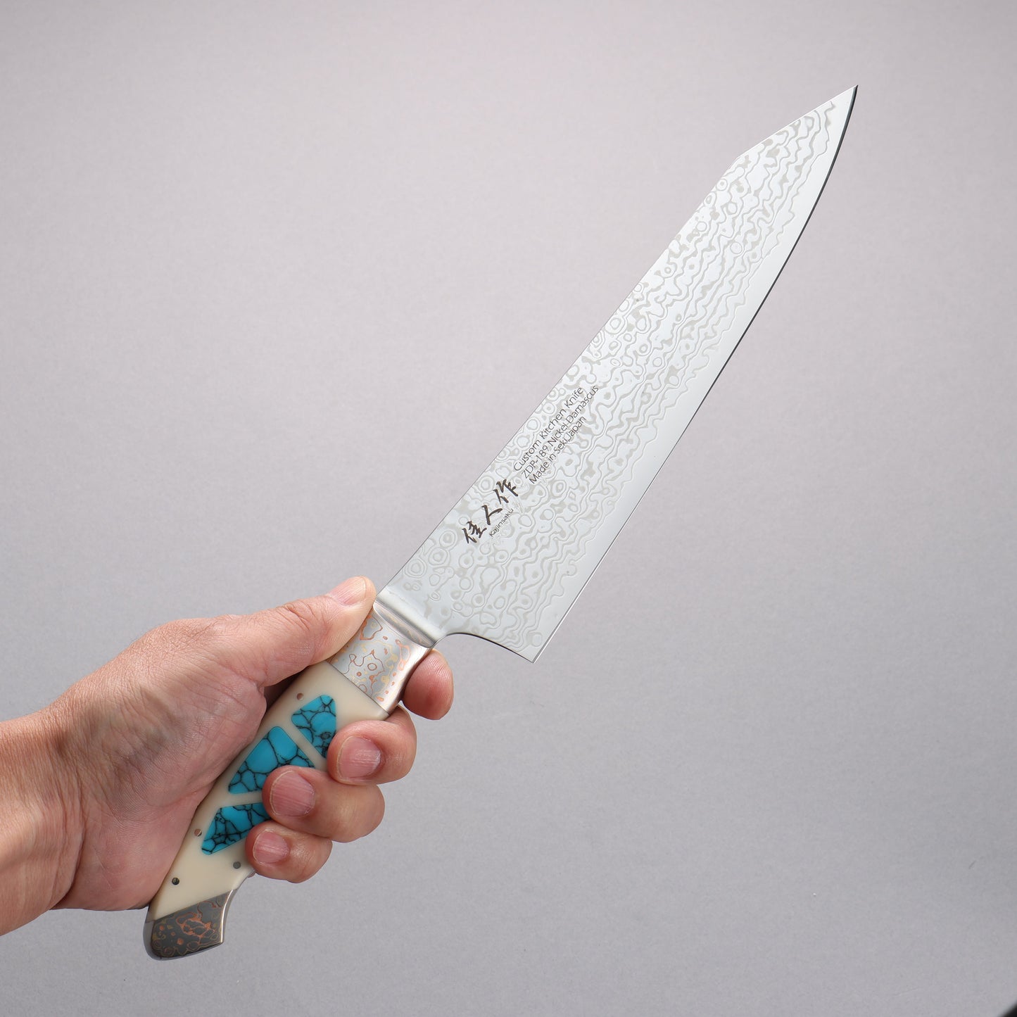 佳人 ZDP189 ダマスカス 磨き仕上げ 切付牛刀包丁 210mm コーリアン ターコイズインレイ柄 - 清助刃物