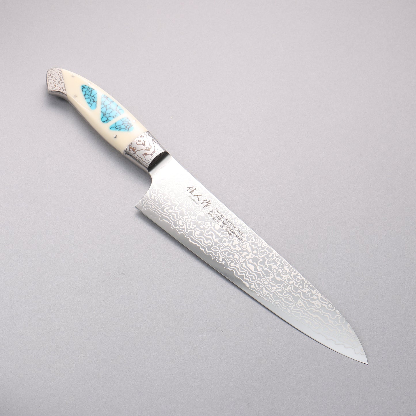 佳人 ZDP189 ダマスカス 磨き仕上げ 牛刀包丁 210mm コーリアン ターコイズインレイ柄 - 清助刃物