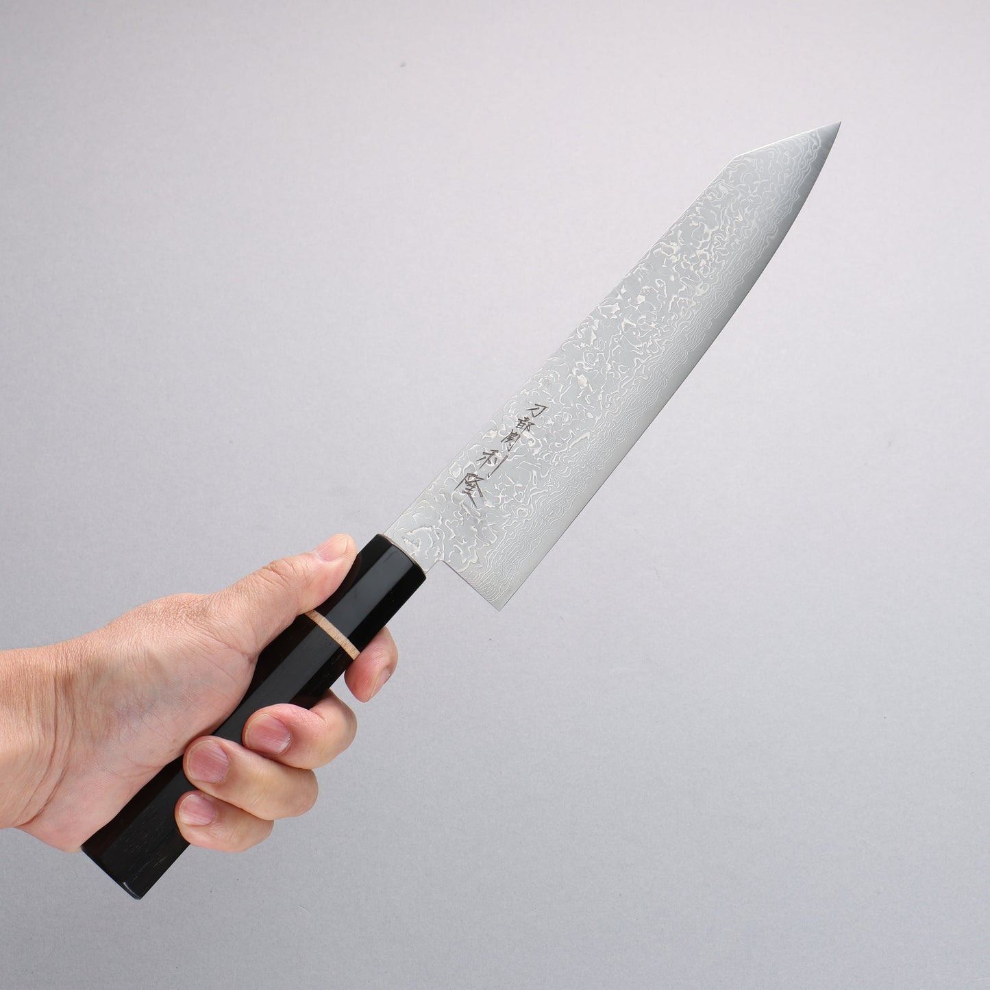 利隆 清助 V金10号 65層ダマスカス 切付牛刀包丁 210mm 黒檀 (メープルリング 水牛口輪)柄 - 清助刃物