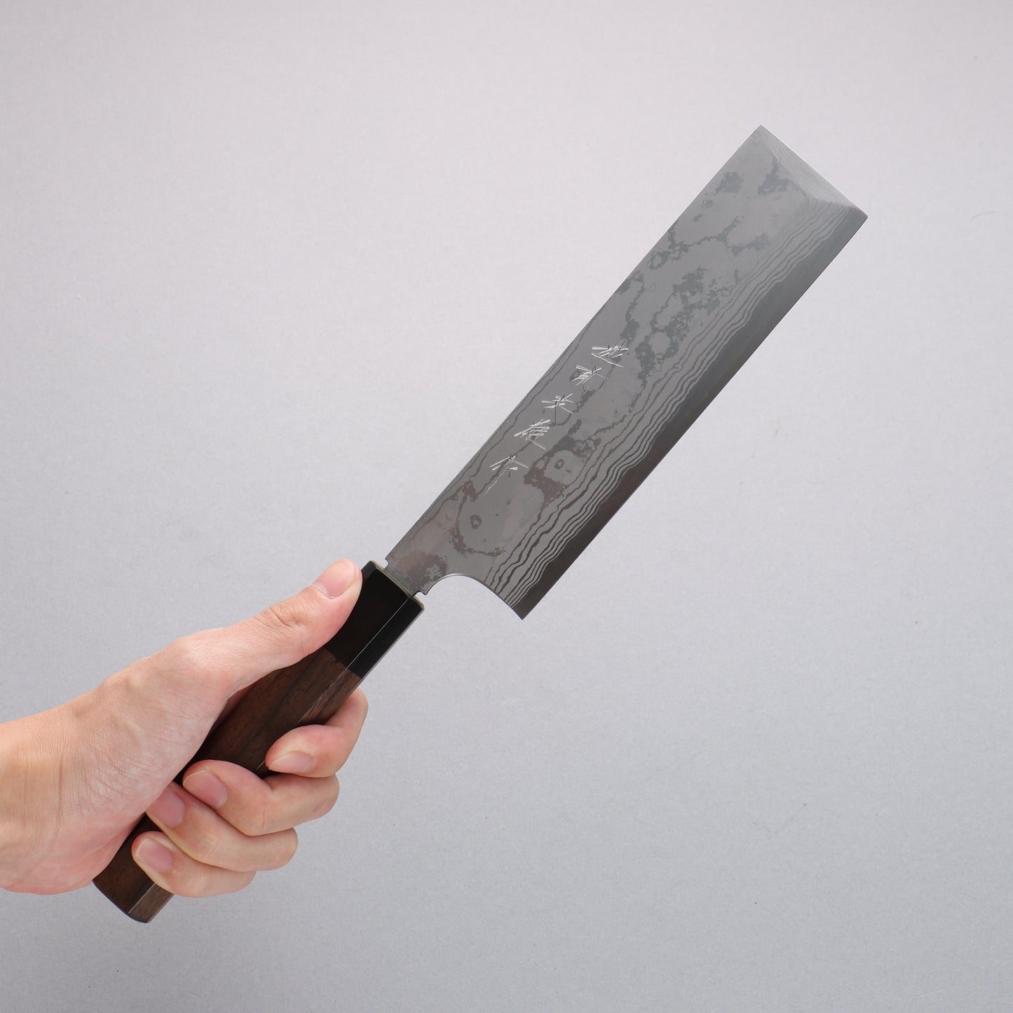 北岡 英雄 青ニ鋼 ダマスカス 角型薄刃包丁 180mm 紫檀柄 - 清助刃物