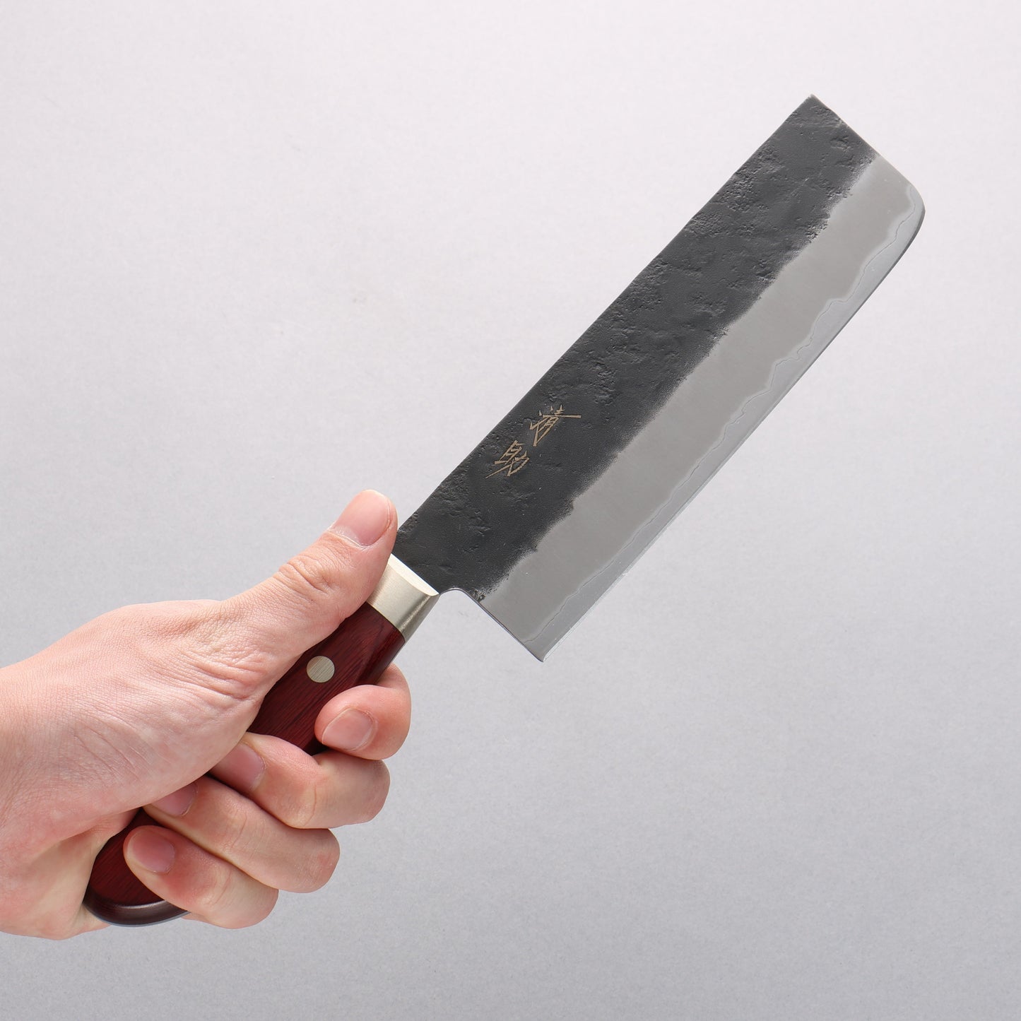 清助 黒梨 青スーパー鋼 梨地 黒打 菜切包丁 165mm 赤合板柄 - 清助刃物