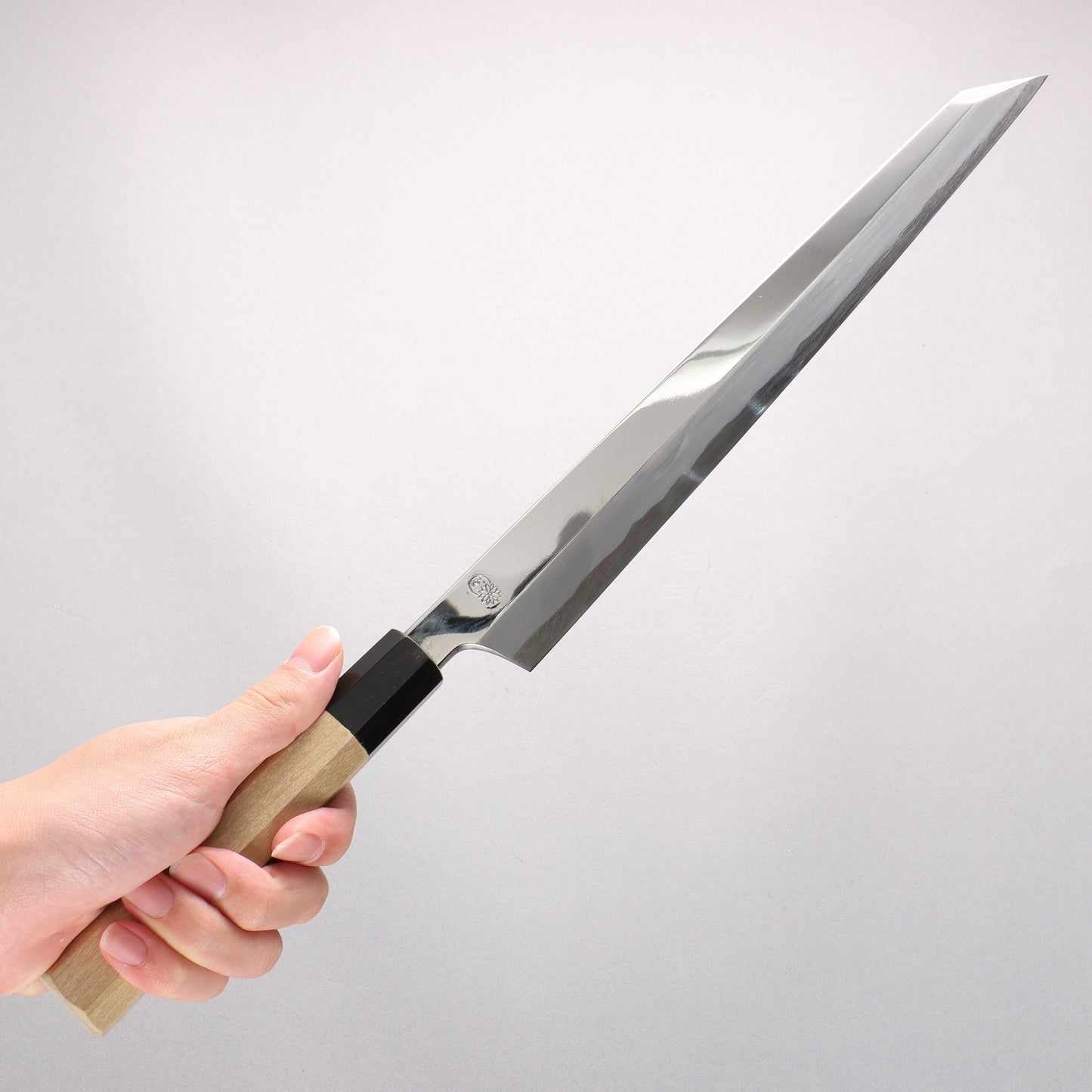 重陽 白鋼 鏡面仕上げ 剣型柳刃包丁 300mm 朴柄