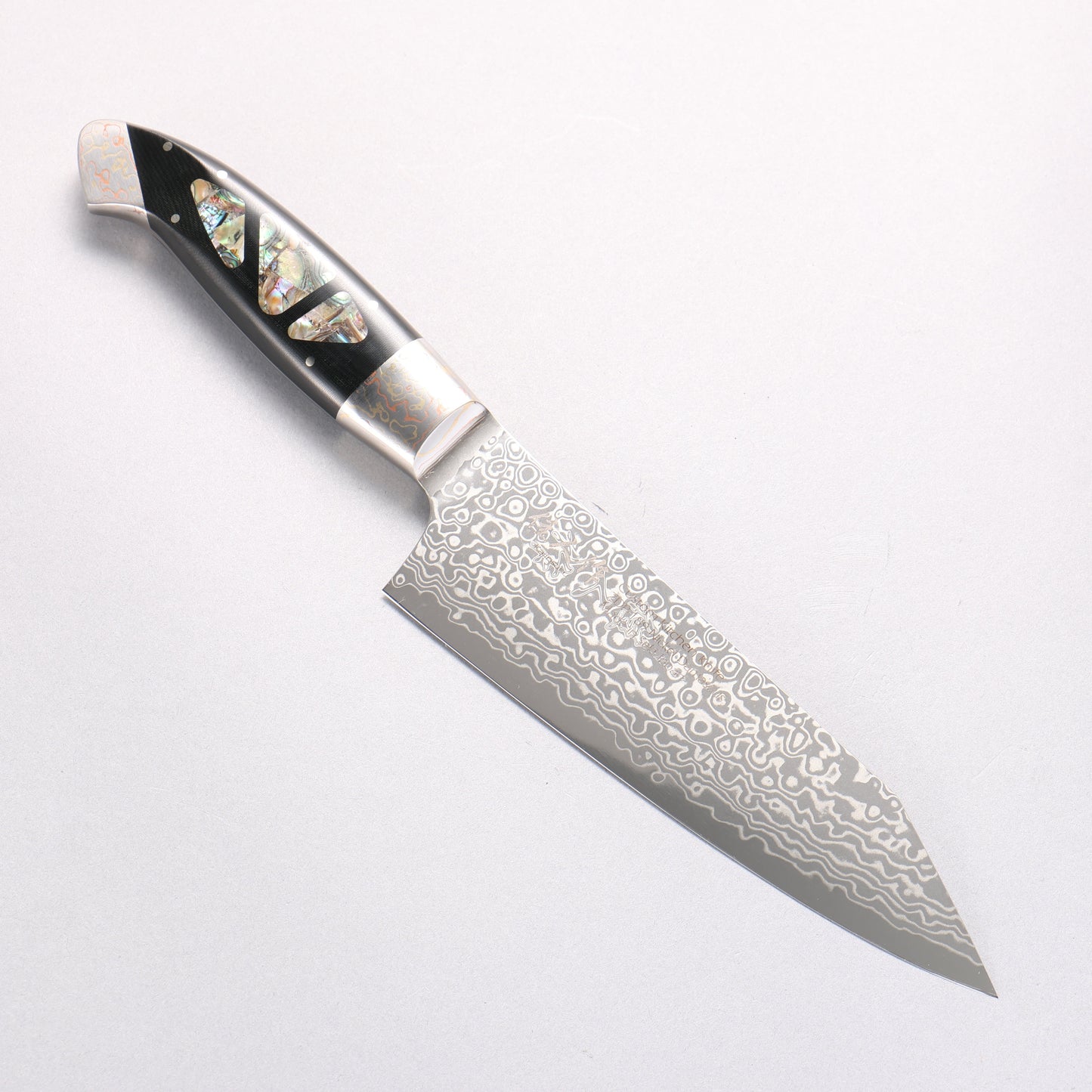佳人 ZDP189 ダマスカス 磨き仕上げ 切付三徳包丁 165mm アバロンインレイ柄