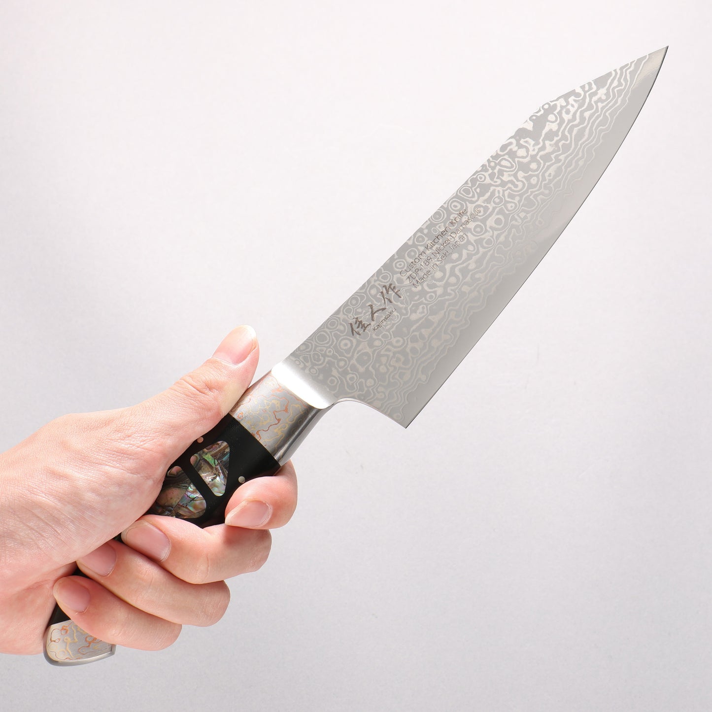 佳人 ZDP189 ダマスカス 磨き仕上げ 切付三徳包丁 165mm アバロンインレイ柄