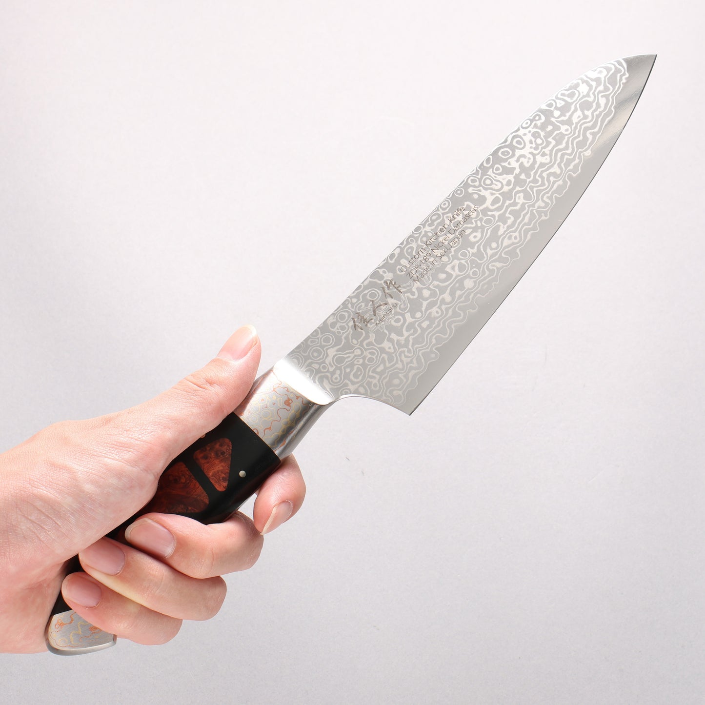 佳人 ZDP189 ダマスカス 磨き仕上げ 三徳包丁 165mm アバロンインレイ柄