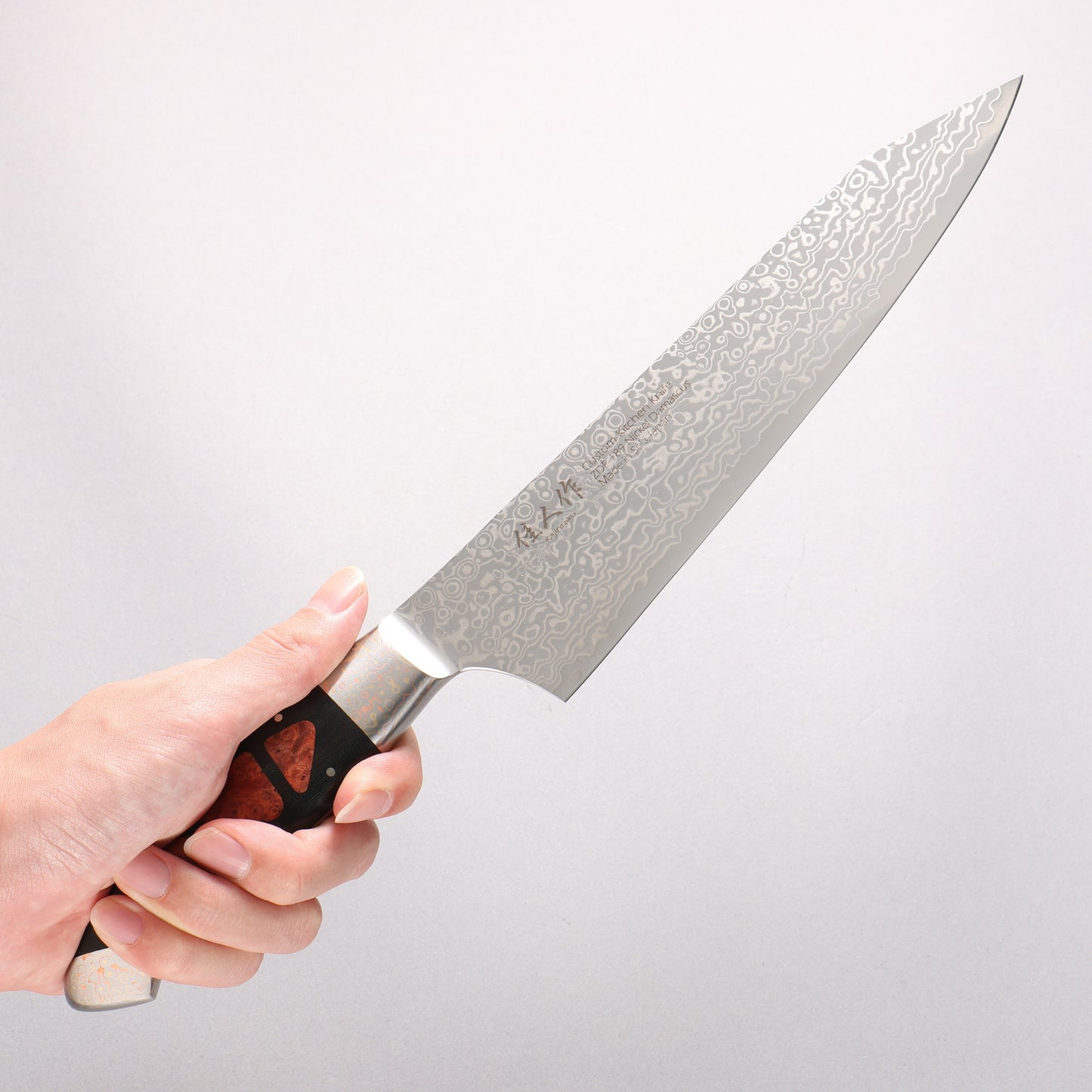佳人 ZDP189 ダマスカス 磨き仕上げ 切付牛刀包丁 210mm 花林瘤インレイ柄