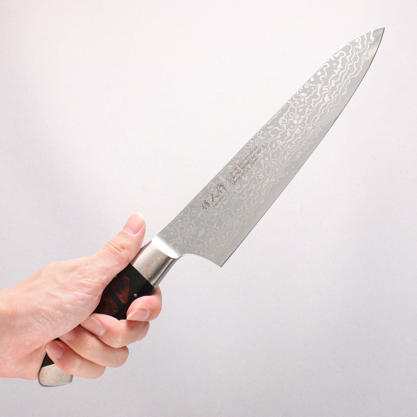 佳人 ZDP189 ダマスカス 磨き仕上げ 牛刀包丁 210mm 花林瘤インレイ柄
