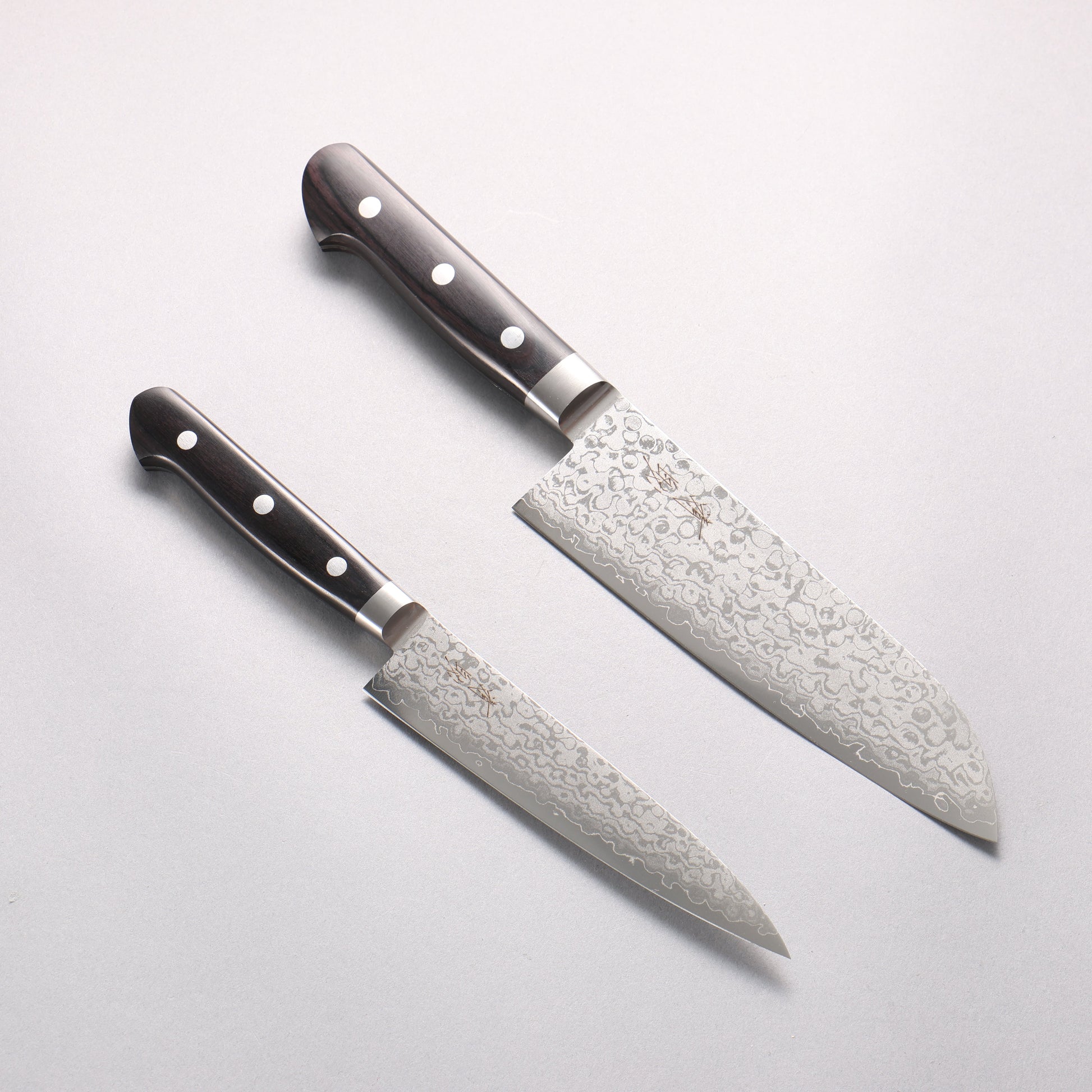 清助 V金10号 ダマスカス 三徳包丁&ペティナイフセット 黒合板柄 170mm & 140mm - 清助刃物