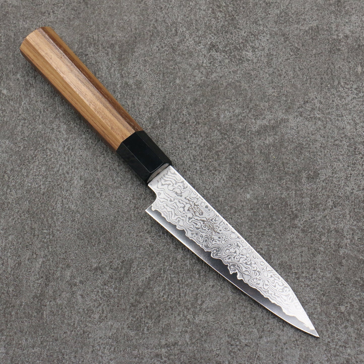 清助 V金10号 ダマスカス 切付ペティナイフ 120mm チーク (口輪:黒プラスチック)柄 - 清助刃物