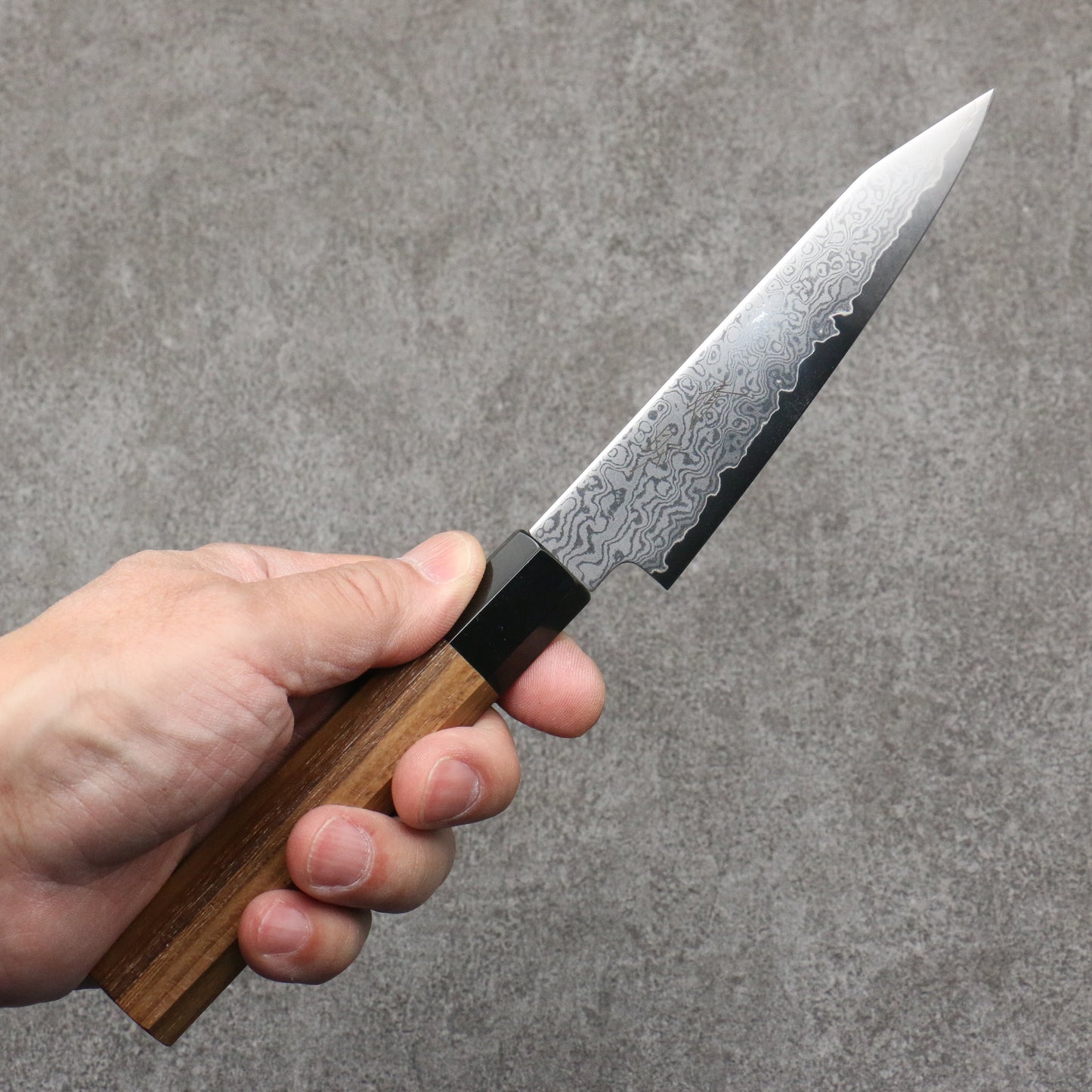 清助 V金10号 ダマスカス 切付ペティナイフ 120mm チーク (口輪:黒プラスチック)柄 - 清助刃物