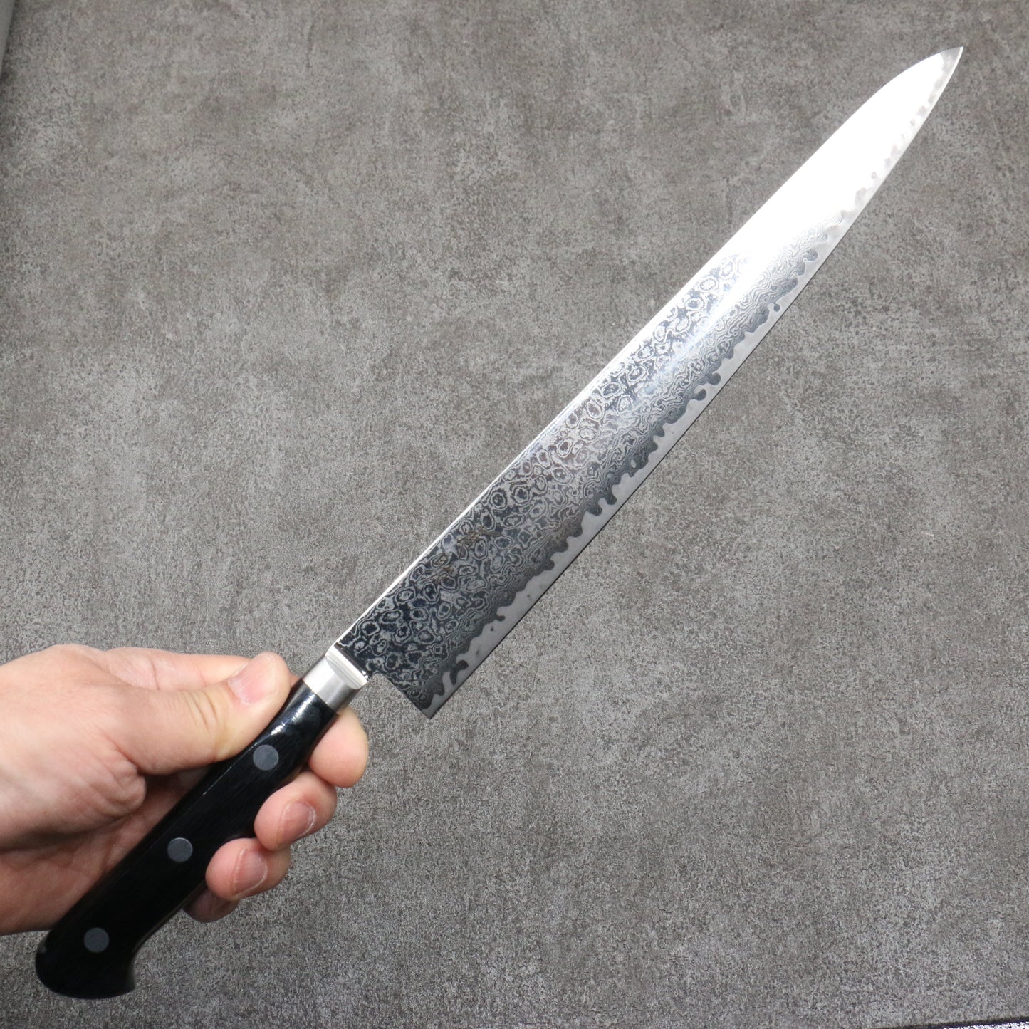 清助 鏡2 AUS10 鏡面仕上げ ダマスカス 筋引包丁 240mm 黒合板柄 - 清助刃物