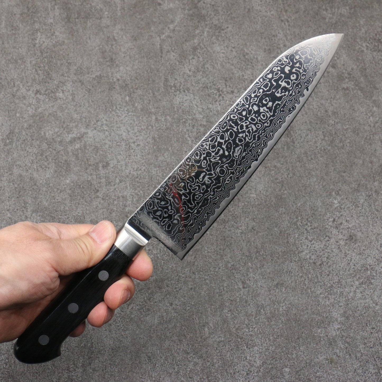 清助 鏡2 AUS10 鏡面仕上げ ダマスカス 三徳包丁 180mm 黒合板柄 - 清助刃物