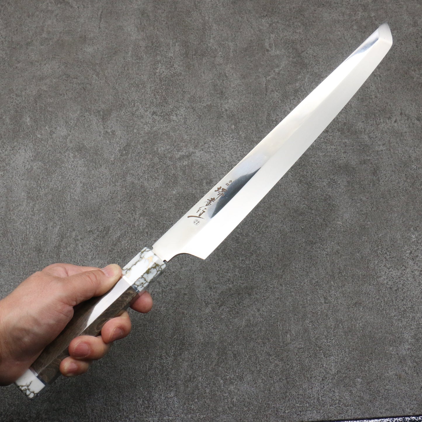 堺 孝行 銀龍 本焼 スウェーデン鋼 鏡面仕上げ 先丸柳刃包丁 300mm スタビライズドウッド柄 鞘付き - 清助刃物