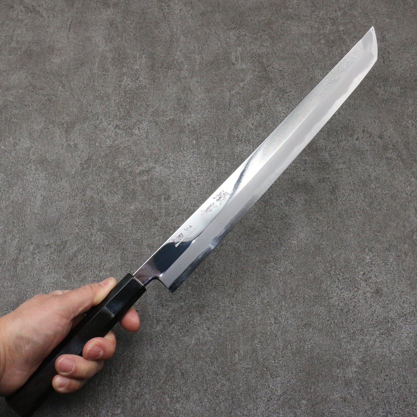 鐵泉 田中作 玉鋼 先丸柳刃包丁 315mm 黒檀柄 鞘付き - 清助刃物