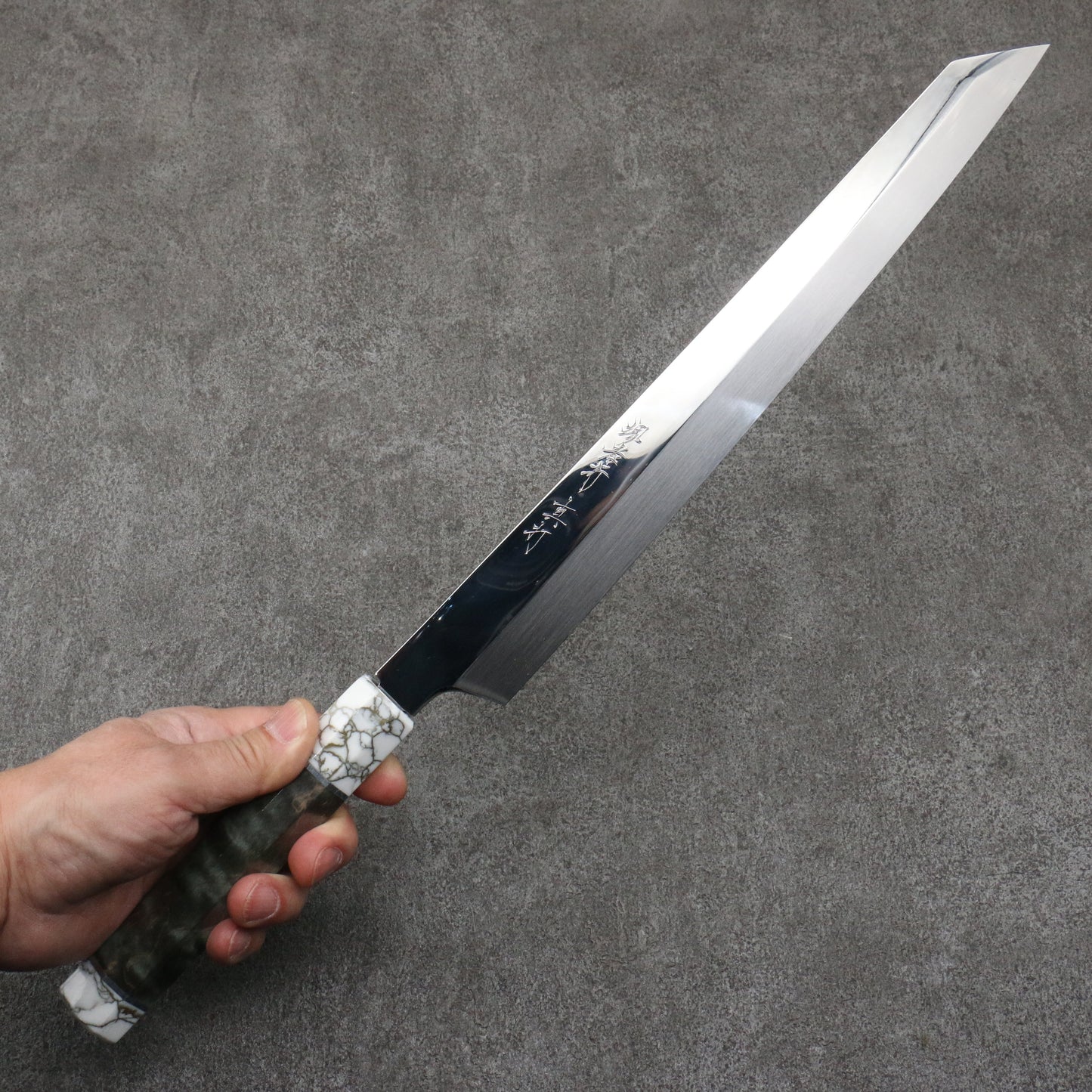 堺 孝行 飛燕 白ニ鋼 本焼 切付柳刃包丁 300mm スタビライズドウッド (両輪:白)柄 鞘付き - 清助刃物