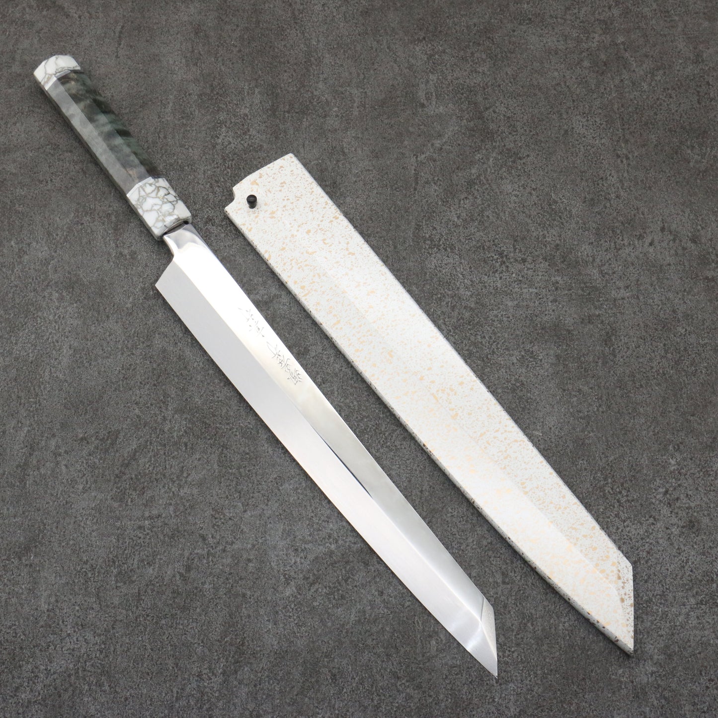 堺 孝行 飛燕 白ニ鋼 本焼 切付柳刃包丁 300mm スタビライズドウッド (両輪:白)柄 鞘付き - 清助刃物