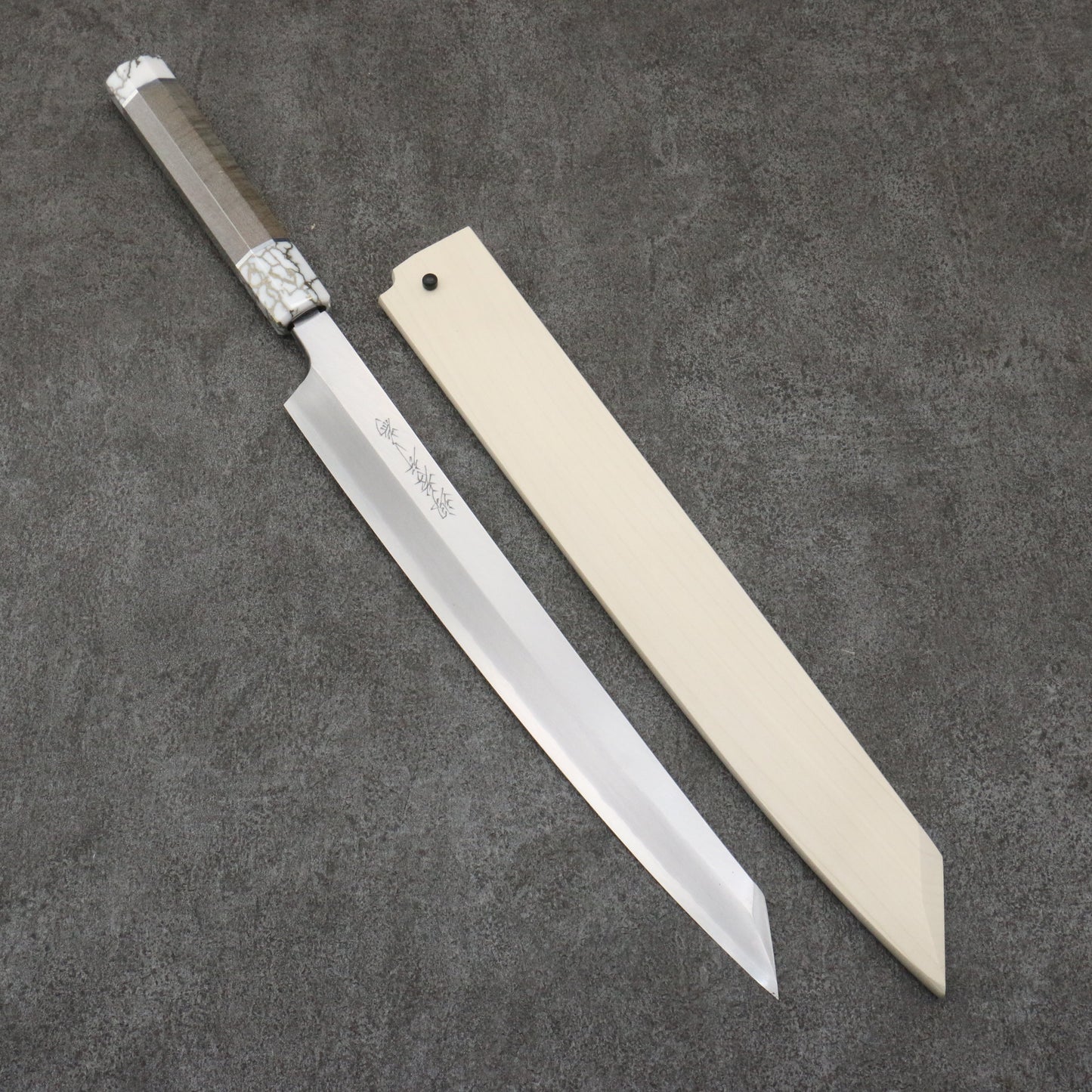 堺 孝行 シェフシリーズ 飛燕 銀三鋼 切付柳刃包丁 300mm スタビライズドウッド (両輪:白)柄 鞘付き - 清助刃物