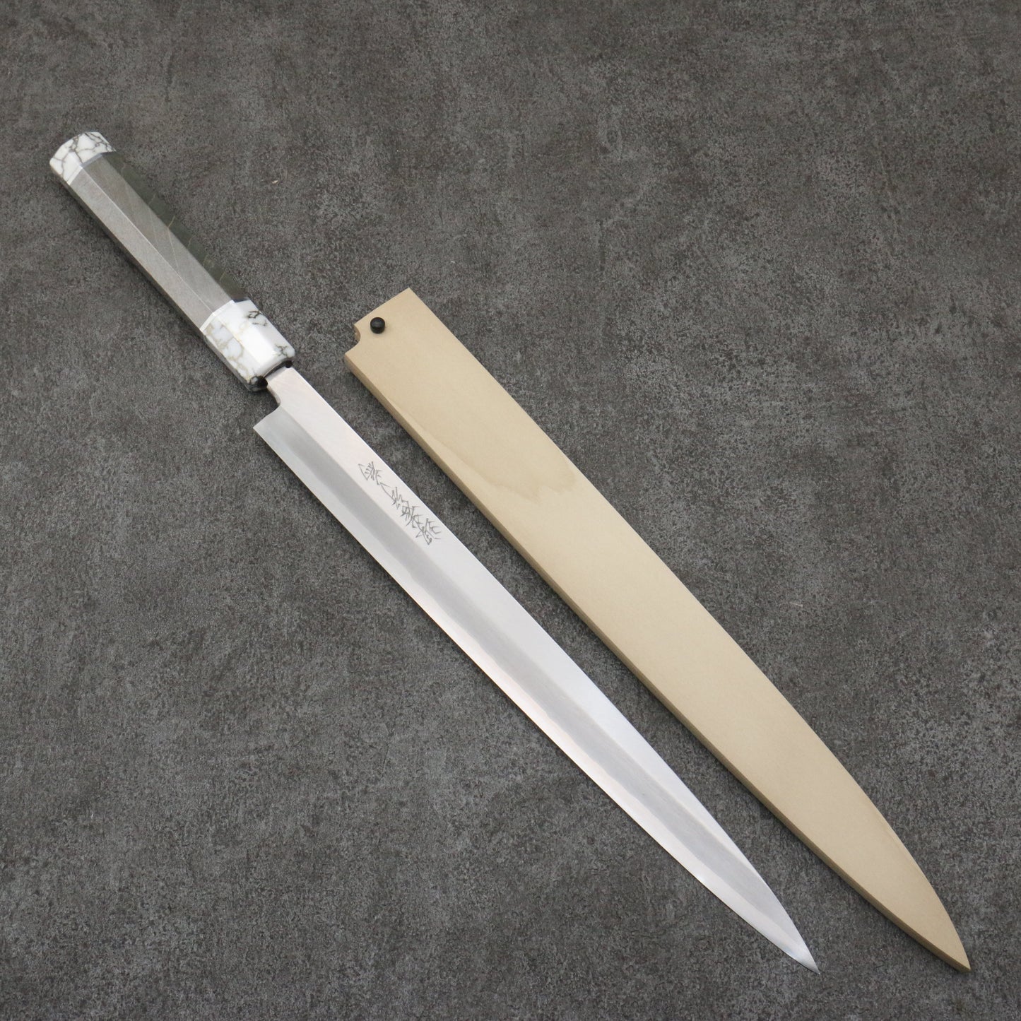 堺 孝行 シェフシリーズ 銀三鋼 ふぐ引き包丁 300mm スタビライズドウッド (両輪:白)柄 鞘付き - 清助刃物