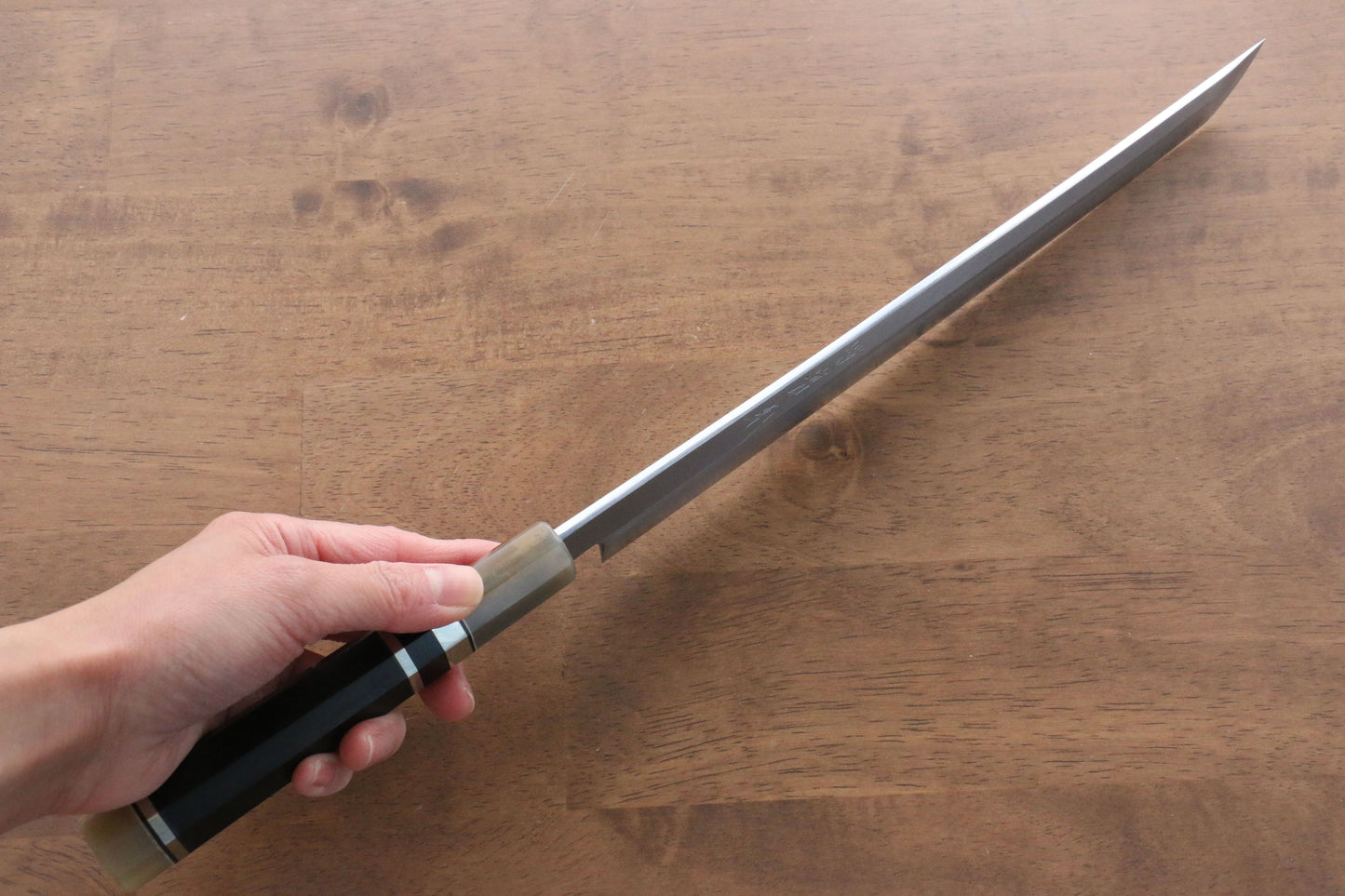 實光 至光 白鋼 先丸柳刃包丁 270mm 両側リング付き黒檀柄 - 清助刃物