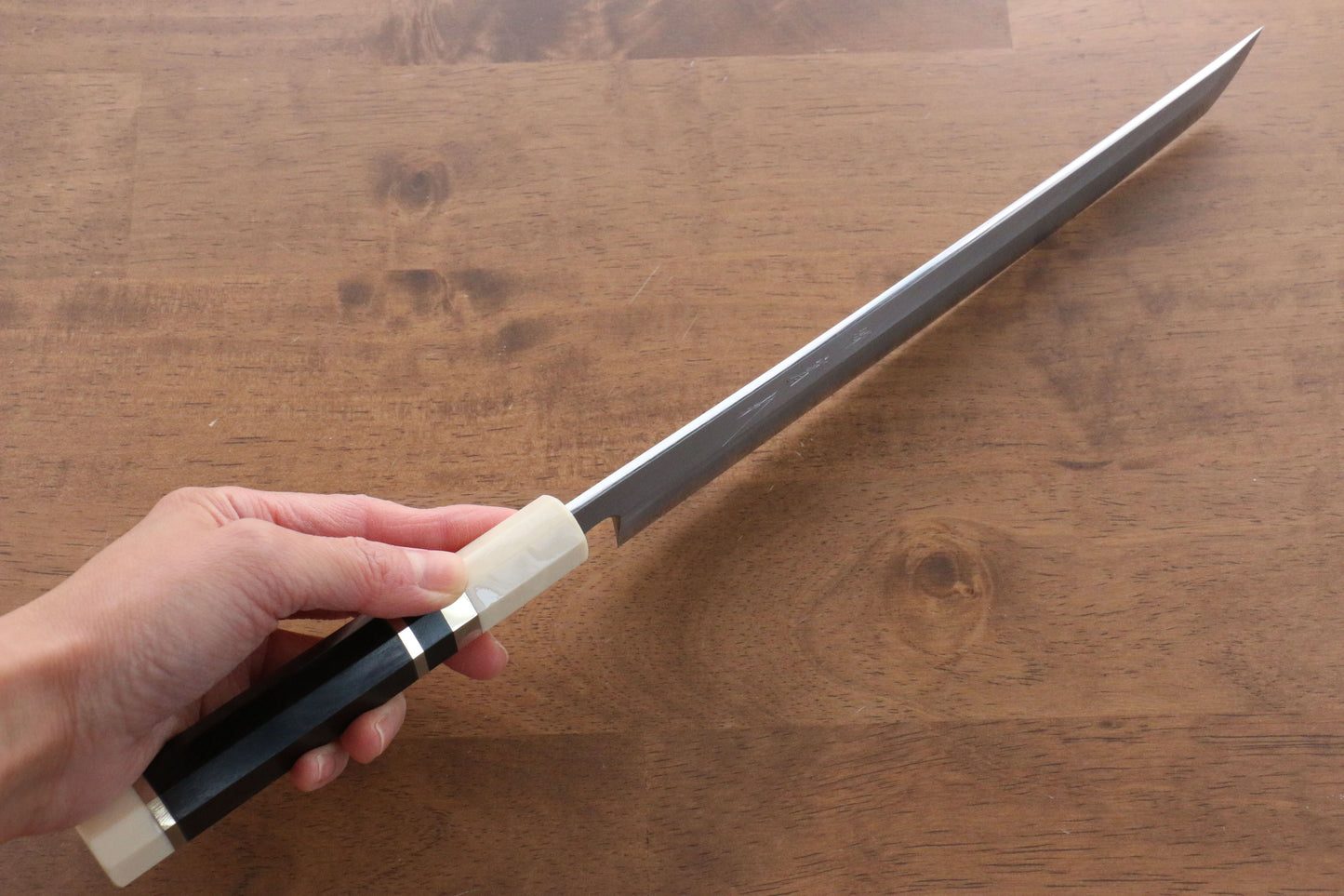 實光 至光 青紙 先丸柳刃包丁 240mm 両側リング付き黒檀柄 - 清助刃物