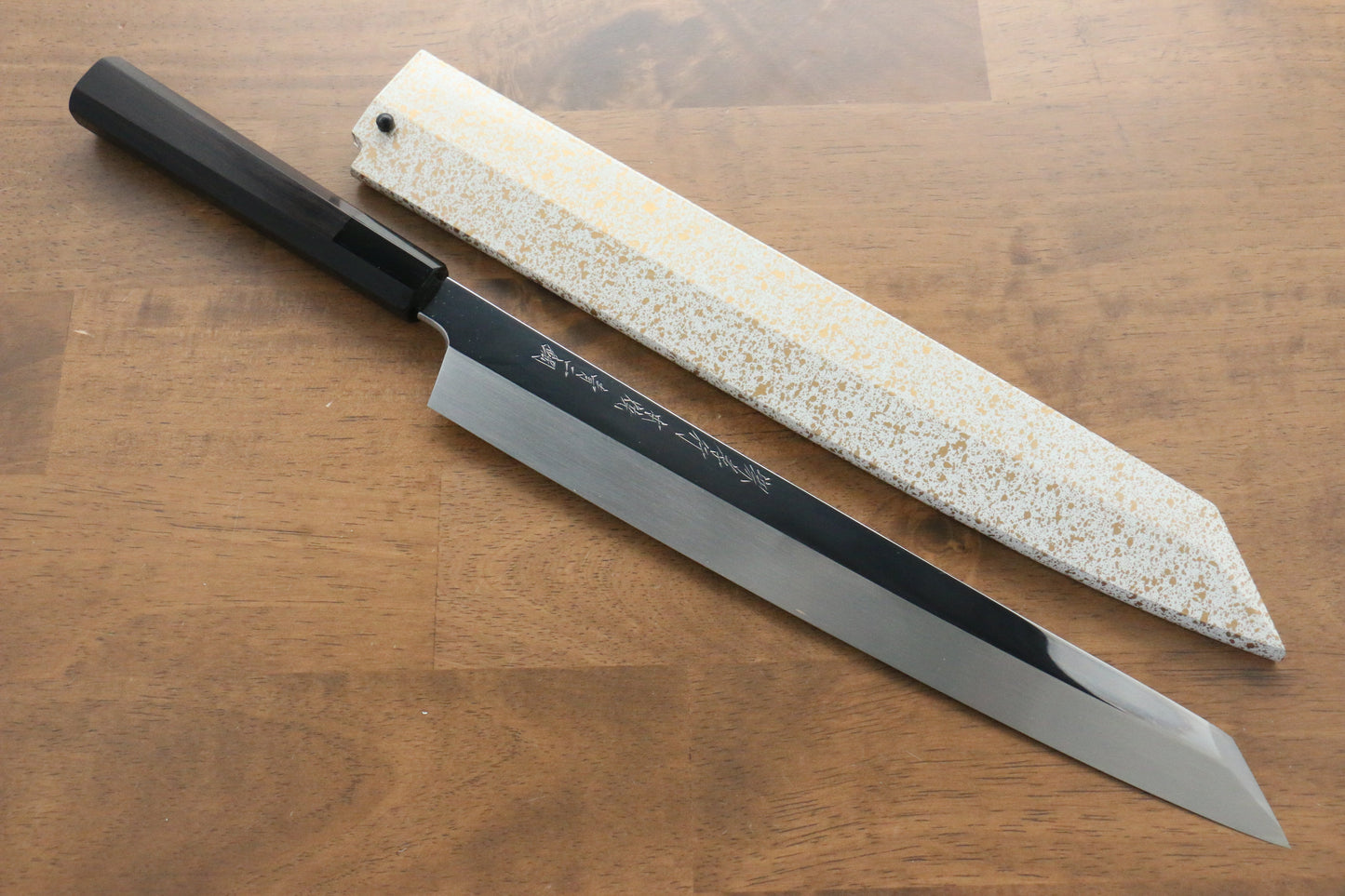 堺 孝行 飛燕 青ニ鋼 本焼 鏡面仕上げ 切付柳刃包丁 300mm 黒檀柄 鞘付き - 清助刃物