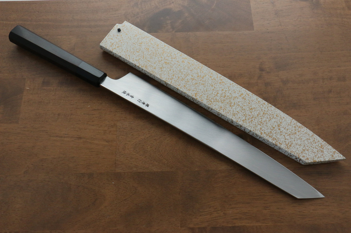 堺 孝行 飛燕 青ニ鋼 本焼 鏡面仕上げ 切付柳刃包丁 300mm 黒檀柄 鞘付き - 清助刃物