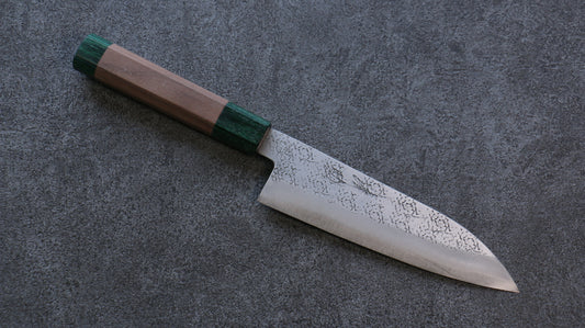 清助 青スーパー鋼 鎚目 三徳包丁  165mm ウォルナット (両側緑口輪)柄 - 清助刃物