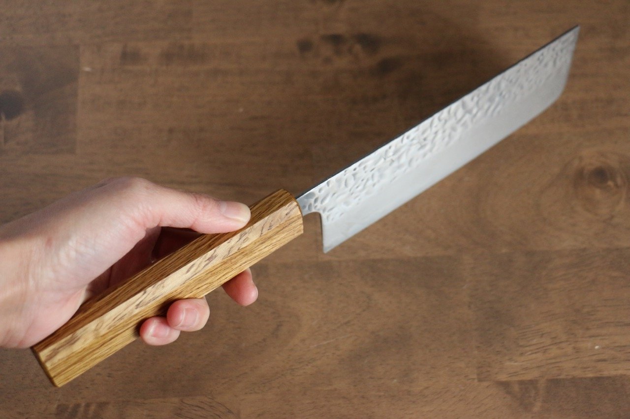 清助 月影 AUS10 磨き仕上げ 鎚目 ダマスカス 菜切包丁  170mm 樫柄 - 清助刃物