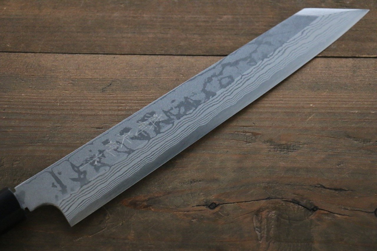 北岡 英雄 青ニ鋼 ダマスカス 切付柳刃包丁  240mm 紫檀柄 - 清助刃物