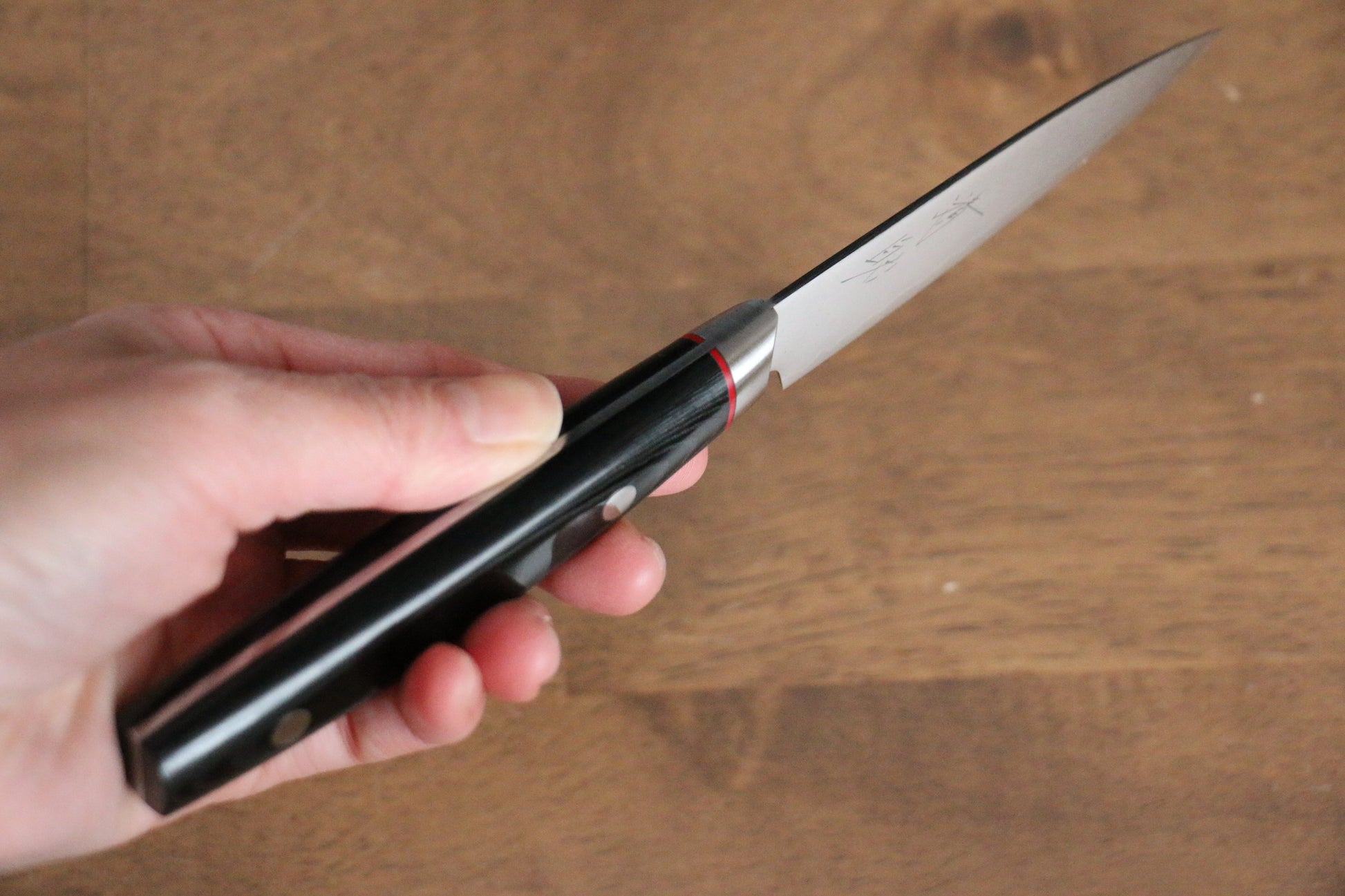 清助 彩雲 V金10号 ダマスカス パーリングナイフ  90mm 黒マイカルタ柄 - 清助刃物