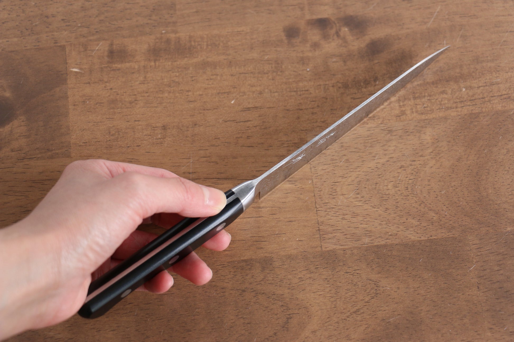 清助 AUS10 45層 鏡面仕上げ ダマスカス ペティーナイフ  135mm 黒合板柄 - 清助刃物