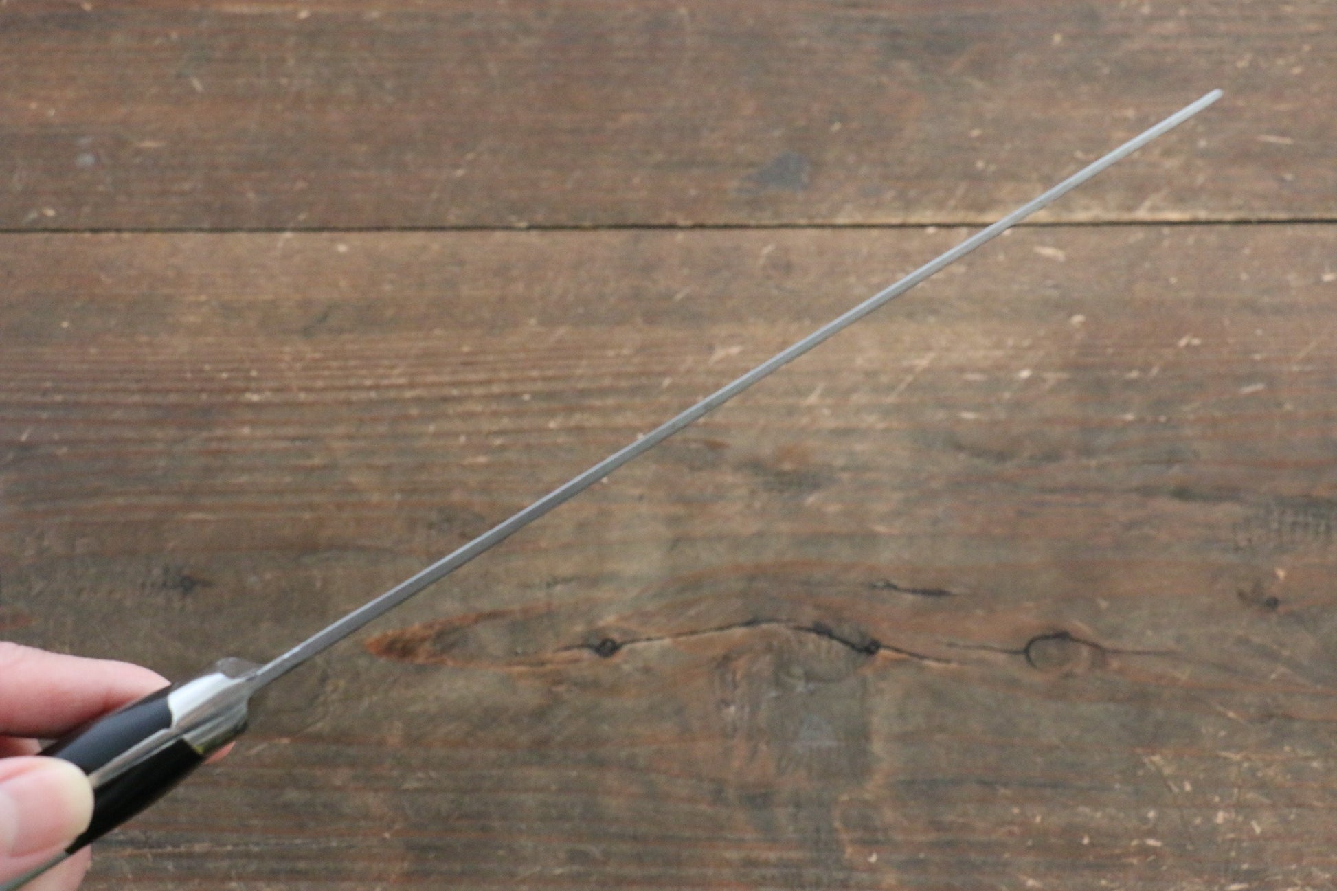 藤原 照康 幻の名刀 白一鋼 梨地鎚目 菜切包丁 165mm 黒合板柄 - 清助刃物