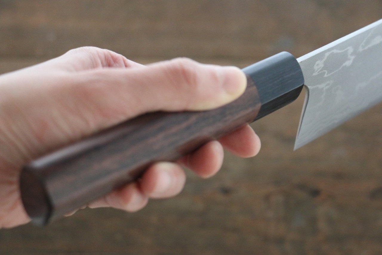 尾形 峻吾 白ニ鋼 ダマスカス 磨き仕上げ 牛刀包丁  240mm 紫檀柄 - 清助刃物