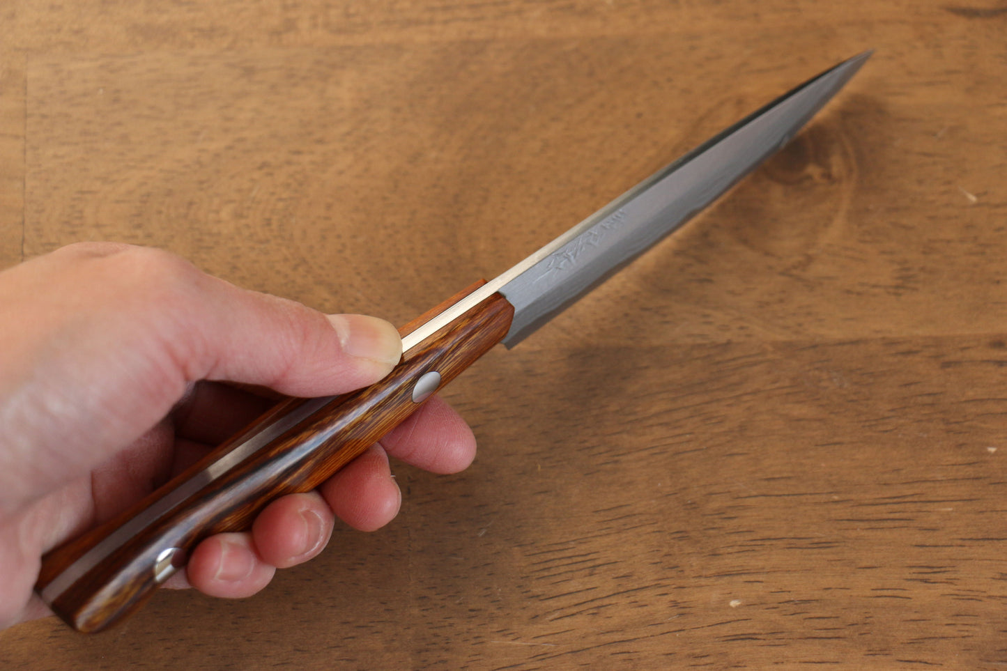 野村 白鋼 ダマスカス ハンターナイフ  100mm アイアンウッド柄 鞘付き - 清助刃物