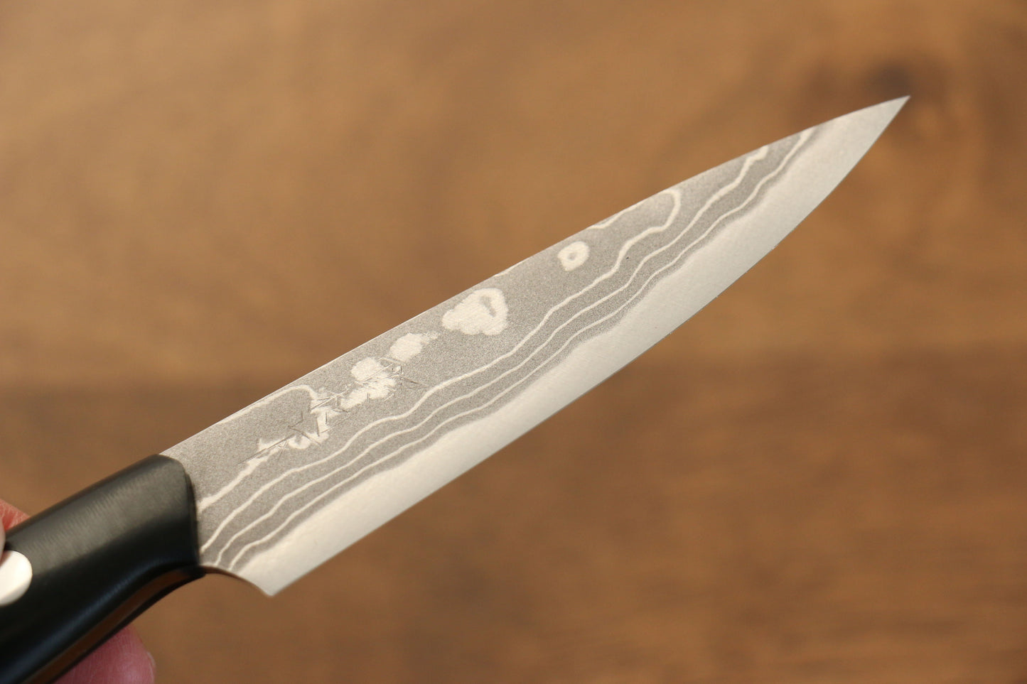 野村 白鋼 ダマスカス ハンターナイフ 100mm 黒マイカルタ柄 鞘付き - 清助刃物