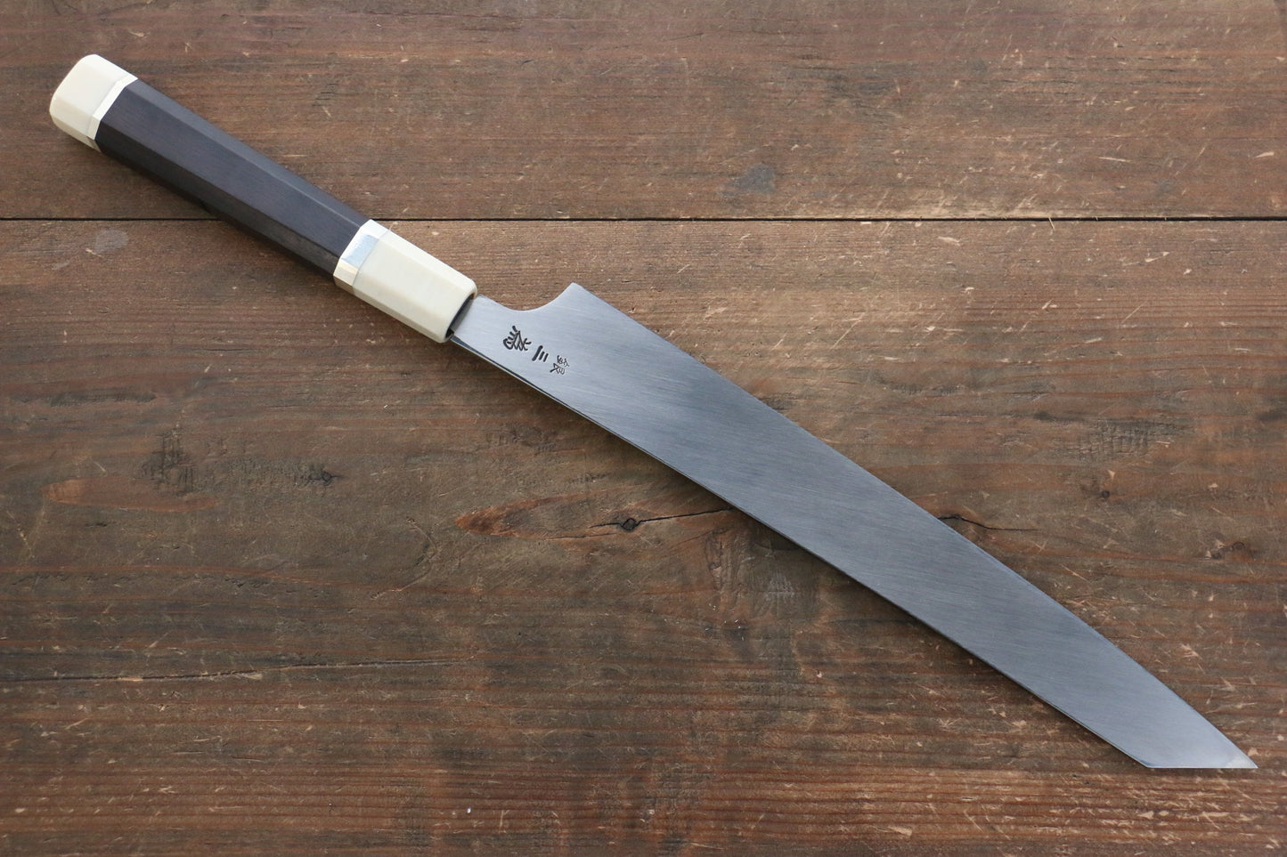 堺 孝行 飛燕 銀三鋼 鏡面仕上げ 切付柳刃包丁 270mm 両側リング付き黒檀柄 鞘付き - 清助刃物