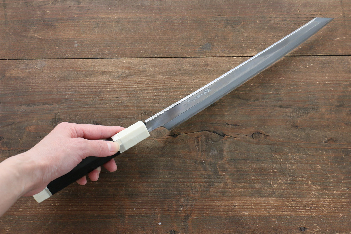 堺 孝行 飛燕 銀三鋼 鏡面仕上げ 切付柳刃包丁 270mm 両側リング付き黒檀柄 鞘付き - 清助刃物