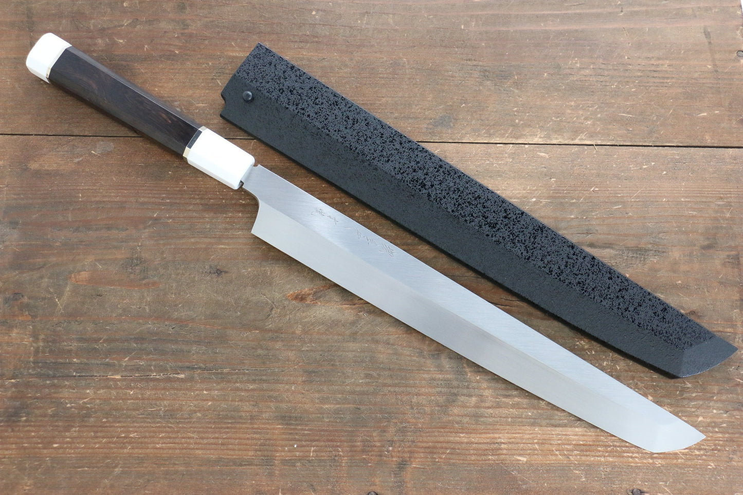 堺 孝行 本焼 青ニ鋼 鏡面仕上げ 先丸蛸引包丁 300mm リング付き黒檀柄 鞘付き - 清助刃物