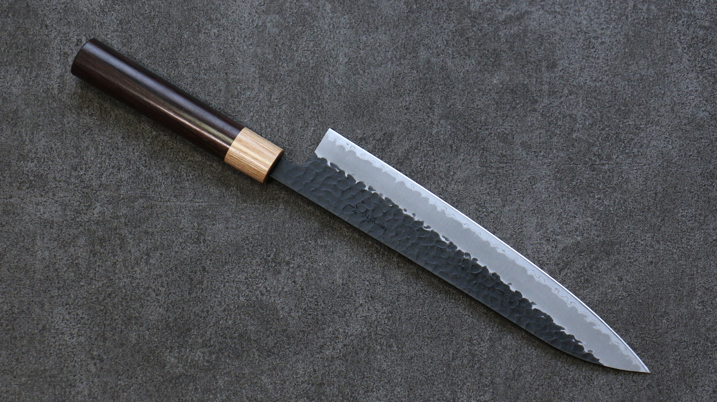 清助 紫檀 青スーパー鋼 鎚目 黒打 牛刀包丁 240mm 紫檀柄 - 清助刃物
