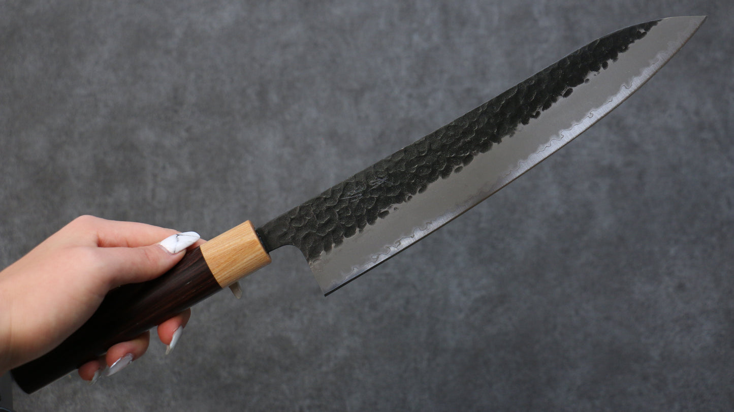 清助 紫檀 青スーパー鋼 鎚目 黒打 牛刀包丁 240mm 紫檀柄 - 清助刃物