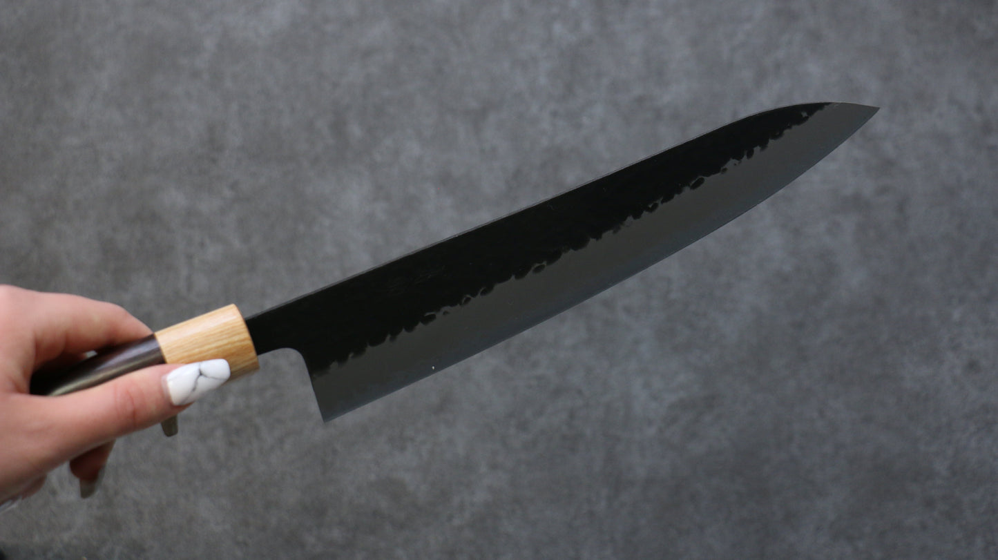清助 紫檀 青スーパー鋼 鎚目 黒打 牛刀包丁 240mm 紫檀柄 - 清助刃物