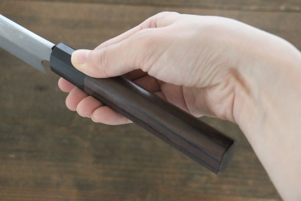 北岡 英雄 【左利き用】 白ニ鋼 ダマスカス 切付柳刃包丁 240mm 紫檀柄 - 清助刃物