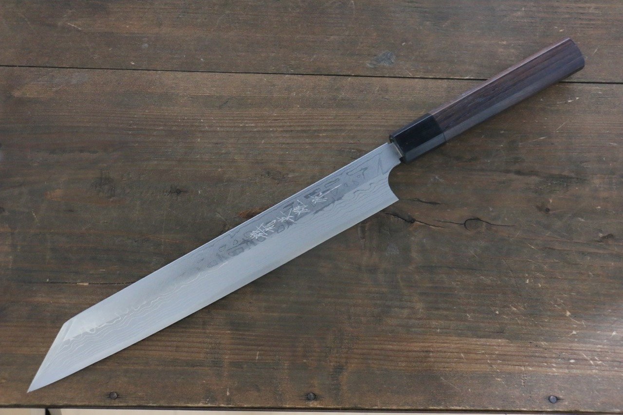 北岡 英雄 【左利き用】 白ニ鋼 ダマスカス 切付柳刃包丁 270mm 紫檀柄 - 清助刃物