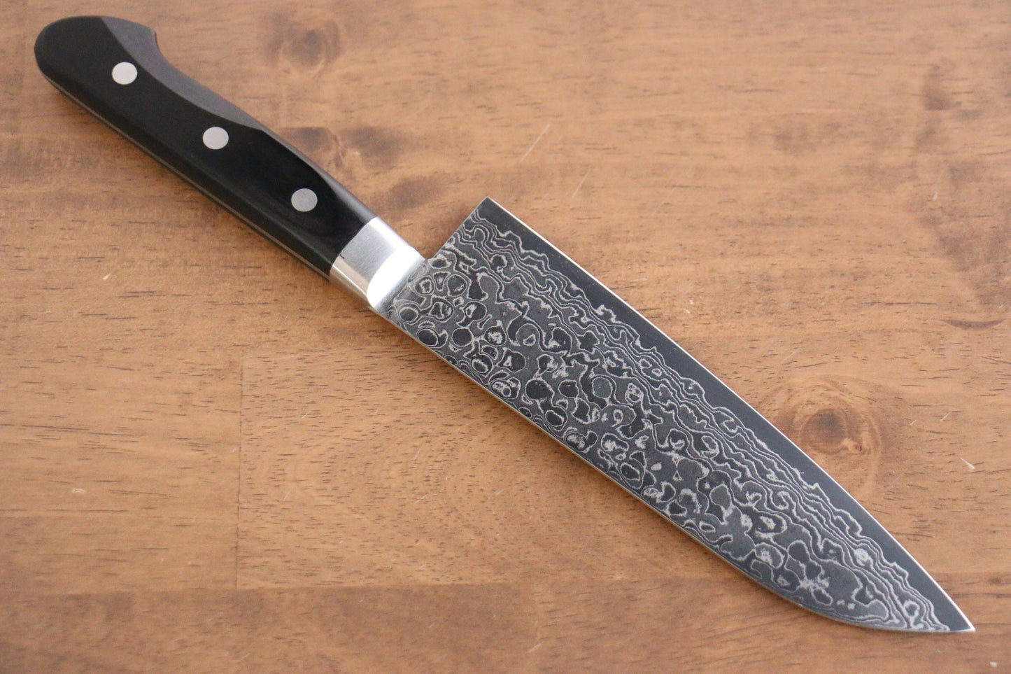 清助 鏡 AUS10 鏡面仕上げ ダマスカス 三徳包丁 170mm 黒合板柄 - 清助刃物