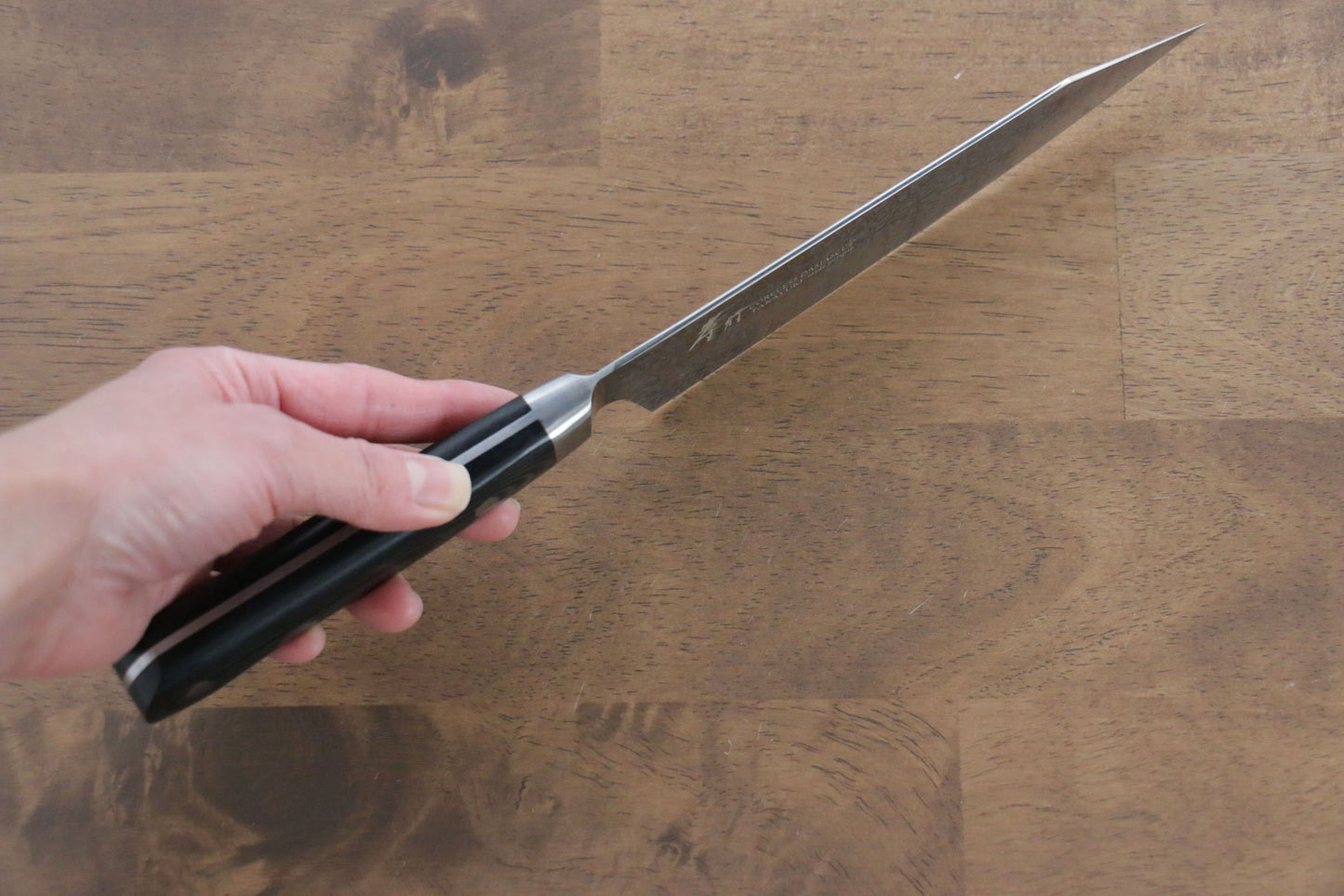 堺 孝行 コアレス ダマスカス 剣型三徳包丁 160mm 黒マイカルタ柄 - 清助刃物
