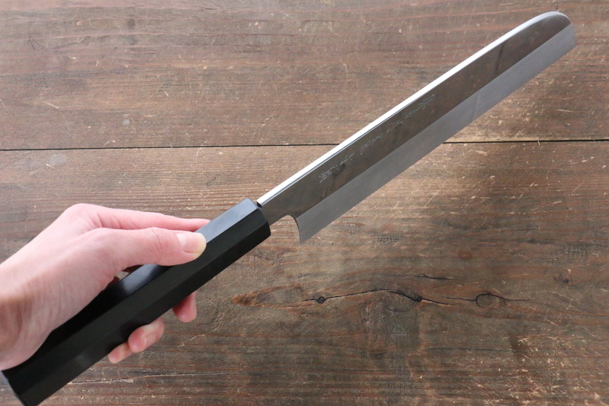 堺 孝行 本焼 青ニ鋼 鏡面仕上げ 鎌形薄刃包丁 240mm 黒檀柄 鞘付き - 清助刃物