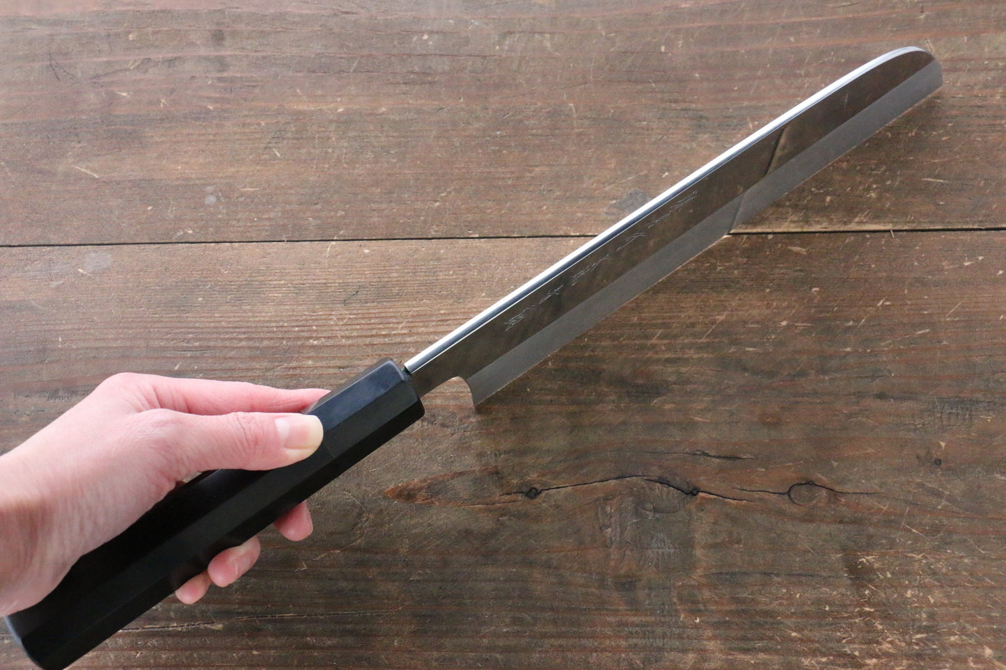 堺 孝行 本焼 青ニ鋼 鏡面仕上げ 鎌形薄刃包丁 240mm 黒檀柄 鞘付き - 清助刃物