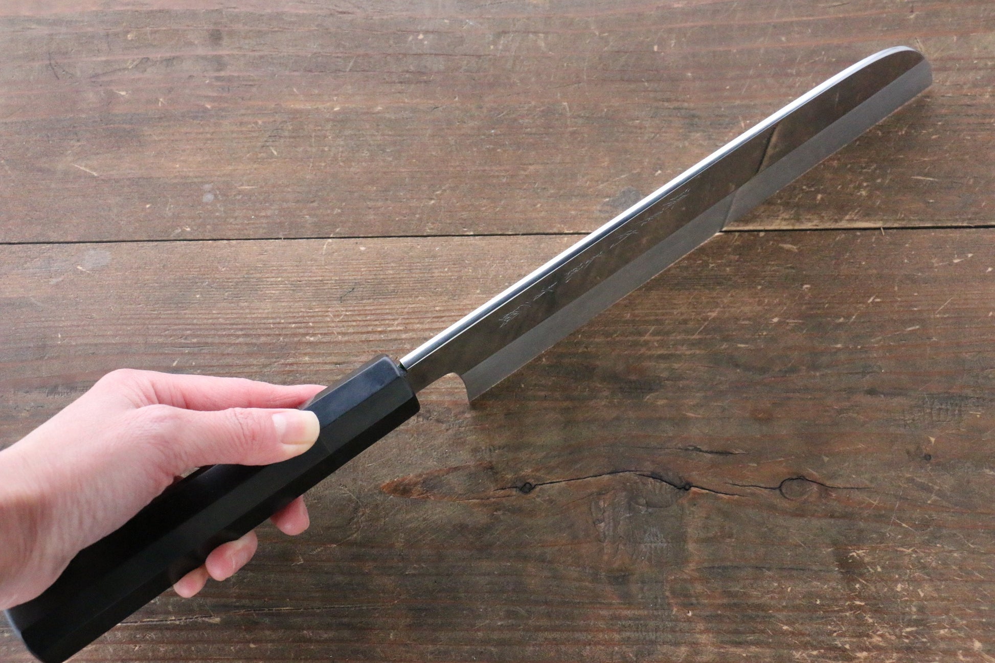 堺 孝行 本焼 青ニ鋼 鏡面仕上げ 鎌形薄刃包丁 240mm 黒檀柄 鞘付き - 清助刃物